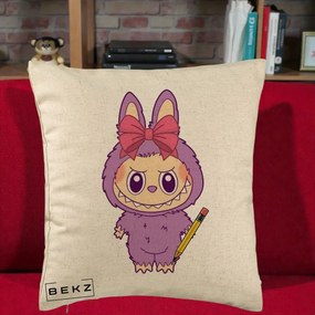 Perna Personalizata Labubu Mov cu Funda Rosie si Creion, 40x40 cm, Bej, Husa Detasabila, Perna Inclusa, BEKZ®