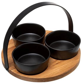 Set 3 boluri negre pentru aperitive cu tavă din lemn cu mâner