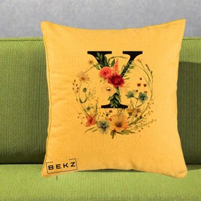 Cadou Personalizat - Perna Personalizata Monograma Florala Litera Y cu Coroana, 40x40 cm, Galben, Husa Detasabila, Perna Inclusa, BEKZ®