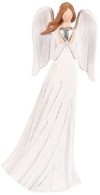 Înger din poliresină cu inimă în mână, 20 cm, alb