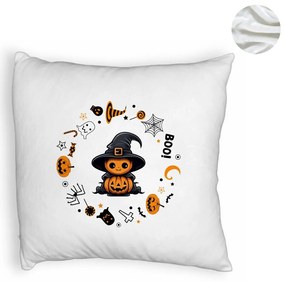 Perna Decorativa Fluffy cu motiv de Halloween 7, 40x40 cm, Alba, Husa Detasabila, Burduf