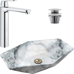 Pachet lavoar pe blat Rea Vegas granit 57 cm, baterie lavoar Grohe Eurosmart Cosmopolitan XL crom si ventil lavoar Click-Clack crom