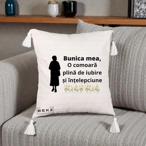 Cadou pentru Bunica - Perna Personalizata Bunica Mea Comoara Iubire Intelepciune Silueta cu Nepoata, 40x40 cm, Bej cu Franjuri, Husa Detasabila, Perna Inclusa, BEKZ®