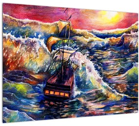 Tablou pe sticlă - Navă pe valurile oceanului, aquarelă (70x50 cm)