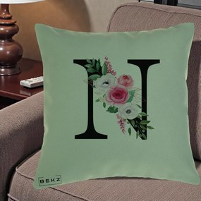 Cadou Personalizat - Perna Personalizata Monograma Florala Litera N, 40x40 cm, Verde, Husa Detasabila, Perna Inclusa, BEKZ®