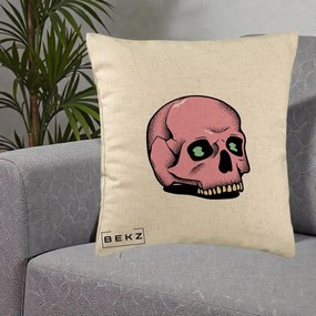 Perna Decorativa Craniu Roz Tatoo Art Halloween, 40x40 cm, Bej, Husa Detasabila, Perna Inclusa, BEKZ®