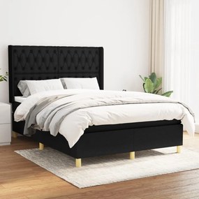 Pat box spring cu saltea, negru, 140x200 cm, textil Negru, 140 x 200 cm, Design cu nasturi