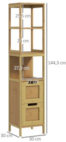 kleankin Dulap Baie Stil Natural dim. 30L x 30l x 144H cm 3 rafturi 2 sertare Bambus | Aosom Romania