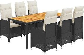 vidaXL Set bistro de grădină, 7 piese, cu perne, negru, poliratan