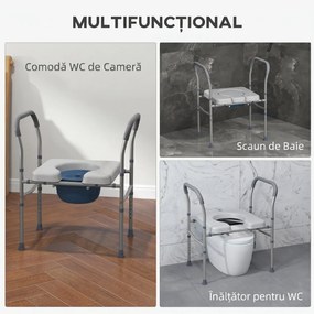 HOMCOM Scaun cu Vas de Toaletă pentru Vârstnici, Scaun de Toaletă Multifuncțional 4-În-1 cu Înălțime Reglabilă, 64x53x70-82 cm, Gri | Aosom Romania