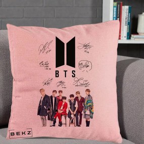 Perna Personalizata K-pop BTS Semnaturi Foto, 40x40 cm, Roz, Husa Detasabila, Perna Inclusa, BEKZ®