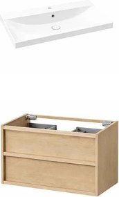 Set dulap baza suspendat KolpaSan Storia 2 sertare 90 cm finisaj acacia cu lavoar ceramic alb
