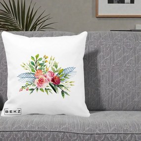 Perna Decorativa Buchet Flori Acuarela Roz-Verde, 40x40 cm, Alba Mata, Husa Detasabila, Perna Inclusa, BEKZ®