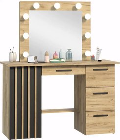 Masuta machiaj culoarea Stejar, cu Oglinda LED si 4 Sertare pentru Cosmetice, Set Masa toaleta 120 cm, Stejar, masuta vanity cu Riflaj, cosmetica -
