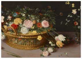 Tablou pe sticlă - Jan Brueghel the Elder, Flowers in a Basket and a Vase, reproducere (70x50 cm)