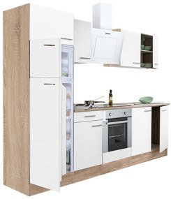 Mobilă de bucătărie Yorki 270, corp din stejar sonoma, față alb satinat, element cuptor inferior, frigider congelator superior