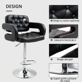 HOMCOM Scaun de Bar cu Spătar și Brațe, Scaun Modern de Bucătărie Rotativ cu Înălțime Reglabilă, 61x50x94-114 cm, Negru | Aosom Romania