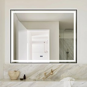 Oglindă Baie LED și Dezaburire Elit's Premium cu Senzor Touch, Lumina Rece, Caldă și Neutră, 100x80 cm, cu rama Negru Antichizat, Ceas
