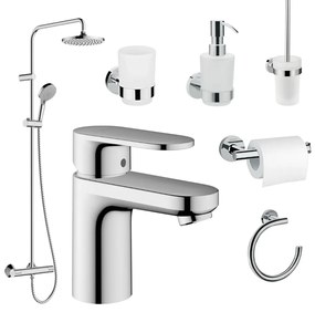 Set coloana dus si baterie lavoar Hansgrohe Vernis Blend si accesorii baie Hansgrohe Logis, crom