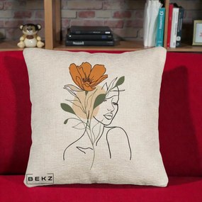 Perna Decorativa Portret Feminin Floare Portocalie, 40x40 cm, Bej Canapea, Husa Detasabila, Perna Inclusa, BEKZ®
