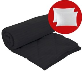 Set pilota iarna, umplutura lana, material damasc policoton, 180x210cm, matlasata, neagra, Pucioasa cu 2 perne, matlasate, antialergice, 50x70cm, albe, Pucioasa