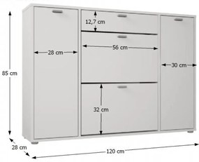 Pantofar hol, alb, 120x85x28 cm ,modern cu suport inclinabil si rafturi, Bortis