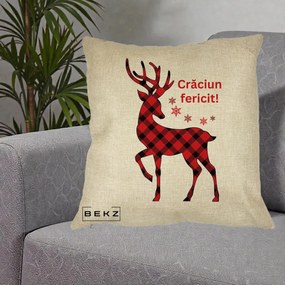 Perna Decorativa Ren Tartan Craciun Fericit, 40x40 cm, Crem, Husa Detasabila, Perna Inclusa, BEKZ®