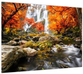 Tablou pe sticlă - Cascade în peisaj de toamnă, portocaliu (70x50 cm)