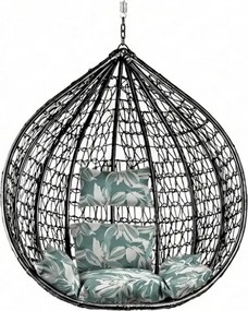 Fotoliu suspendat negru KOKON fara suport, pernă verde-albă