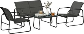 Outsunny Set Grădină Exterior 4 Piese cu Canapea 2 Locuri 2 Fotolii Masă cu Sticlă Securizată Țesătură Textilene Gri închis | Aosom Romania