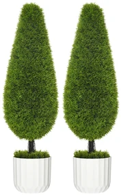 Set 2 Plante Artificiale cu Ghiveci de Ø12x16 cm, Muschi si Ciment, Plante Artificiale de 90cm din PE si Plastic, Verde-Alb HOMCOM | Aosom Romania