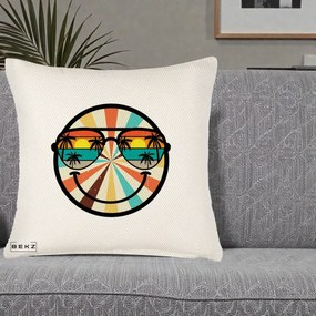 Perna Decorativa Smiley Face Retro Sunset Palmieri, 40x40 cm, Crem Reliefat, Husa Detasabila, Perna Inclusa, BEKZ®
