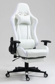 Scaun gaming cu sistem iluminare bandă LED RGB, masaj în perna lombară, suport picioare, funcție șezlong, 90-180 grade, piele PU Premium, Alb