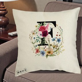 Cadou Personalizat - Perna Personalizata Monogram Litera F cu Flori Acuarela, 40x40 cm, Ecru, Husa Detasabila, Perna Inclusa, BEKZ®