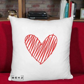 Perna Decorativa Inima Rosie Desen Manual, 40x40 cm, Alb Pufos, Husa Detasabila, Perna Inclusa, BEKZ®