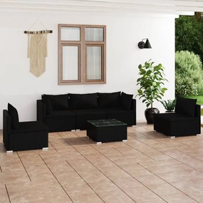 Set mobilier de gradina cu perne, 6 piese, negru, poliratan Negru, 2x colt + 3x mijloc + masa, 1