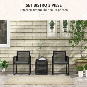 Outsunny Set de Mobilier de Grădină din 3 Piese din Ratan, Set cu Masă din Sticlă Securizată și Perne Moi, 53x57x77 cm, Negru | Aosom Romania