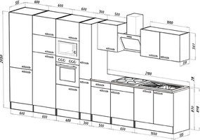 Mobilă de bucătărie Yorki 420, corp alb, față alb satinat, frigider cu congelator superior