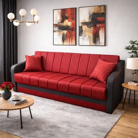 Canapea ALEX extensibila, 3 locuri, cu lada de depozitare, stofa catifelata rosu cu maro, 220x90x90 - Copie Maro + Rosu