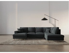 Colțar gri închis extensibil, cu spațiu de depozitare cu tapițerie din catifea (cu colț pe partea dreaptă-în formă de "U") Kyoto – Cosmopolitan Design