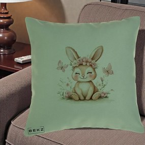 Perna Decorativa Iepuras cu Coronita Florala Roz, 40x40 cm, Verde, Husa Detasabila, Perna Inclusa, BEKZ®