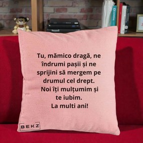Cadou pentru Mama - Perna Personalizata Mamico Draga Te Iubim La Multi Ani cu Text Negru, 40x40 cm, Roz, Husa Detasabila, Perna Inclusa, BEKZ®