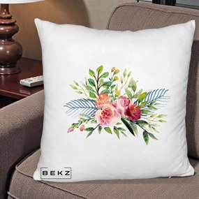 Perna Decorativa Buchet Flori Acuarela Roz-Verde, 40x40 cm, Alb Pufos, Husa Detasabila, Perna Inclusa, BEKZ®