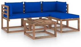 Set mobilier de gradina, 5 piese, cu perne albastre Albastru, 2x colt + mijloc + suport pentru picioare + masa, 1