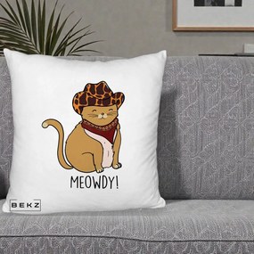 Perna Decorativa Pisica Cowboy Meowdy, 40x40 cm, Alb Pufos, Husa Detasabila, Perna Inclusa, BEKZ®