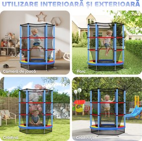 HOMCOM Saltea Elastică pentru Copii 3-6 Ani cu Plasă de Protecție, 6 Stâlpi și 3 Intrări, Ø140x190 cm, Multicolor | Aosom Romania