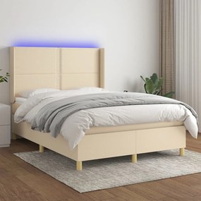 vidaXL Pat cu arcuri, saltea și LED, crem, 140x190 cm, textil