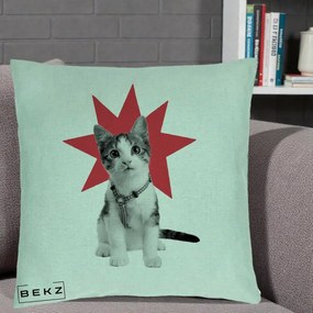Perna Decorativa Pisica Star Pop Art, 40x40 cm, Verde Menta, Husa Detasabila, Perna Inclusa, BEKZ®