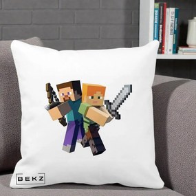Perna Personalizata Minecraft Steve si Alex, 40x40 cm, Alba Mata, Husa Detasabila, Perna Inclusa, BEKZ®