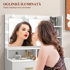 HOMCOM Masă de Machiaj cu Oglindă LED, Scaun și Rafturi, 80x40x138 cm, Alb | Aosom Romania